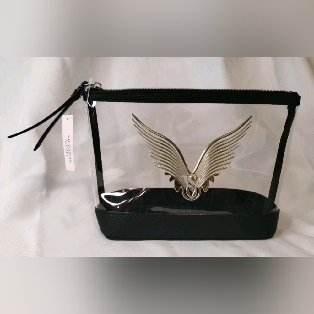 Victorias Secret Cosmetics Bag Case Gold Angel Wings Clear Black Zipper NWT